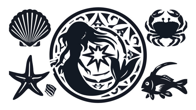 Silhouette of sea turtle starfish crab shell and fish in dark underwater scene monochrome