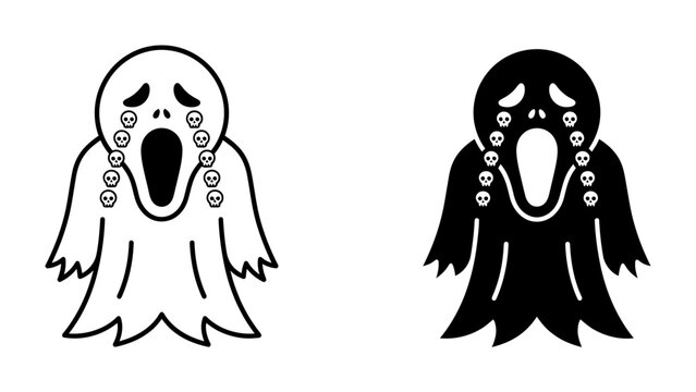 Crying Ghost Icons: A pair of cartoon ghosts, one outlined and one filled, both with wide mouths open in a wail and teardrops shaped like skulls cascading down their faces.