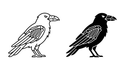 Fototapeta premium Raven Illustration: A stylized illustration of a raven, presented in both outline and silhouette, showcases the bird's iconic profile and distinctive features.