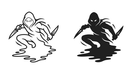 Ninja Warrior Silhouette: Two stylized warrior silhouettes, one outlined and one filled, depict a ninja in a dynamic pose, wielding knives with fierce determination. © jabed
