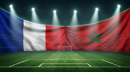 Obraz premium France and morocco flags on a soccer stadium with spotlights sport event.