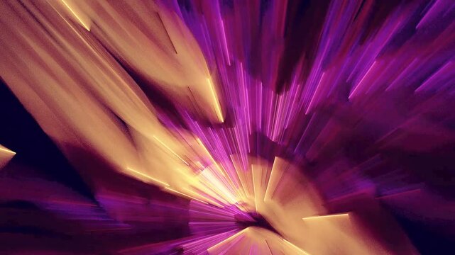 Dynamic purple and gold light rays explosion background, abstract fast glowing neon lines zooming motion graphics loop.