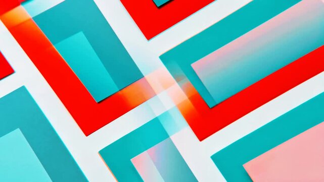 Abstract geometric animation with glitch chromatic aberration effect in red and teal colors, modern minimal motion background loop.