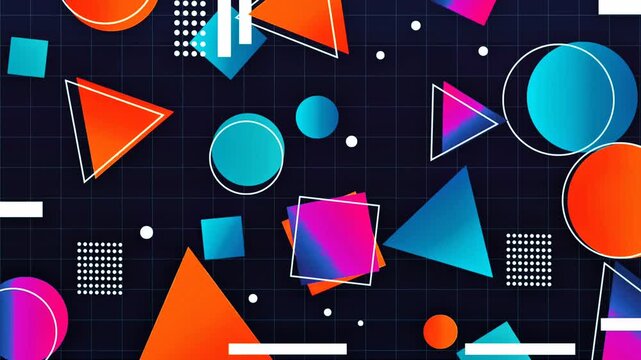 Colorful retro geometric shapes frame motion background, abstract memphis style triangles and circles animated border on grid pattern.