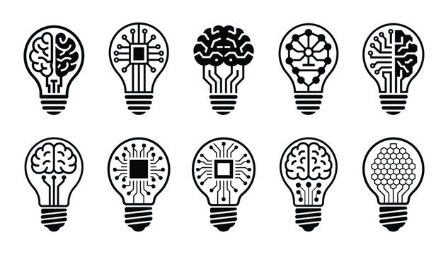 Smart AI brain bulb circuit chip tech idea icon set