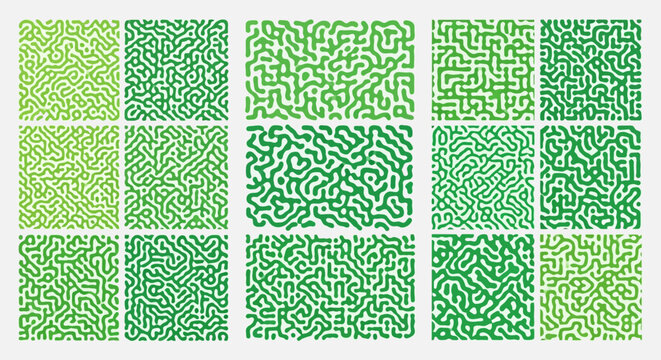 A collection of green organic maze patterns arranged in a grid layout
