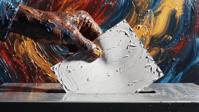 Artist's hand casting ballot into abstract painting background, voting concept