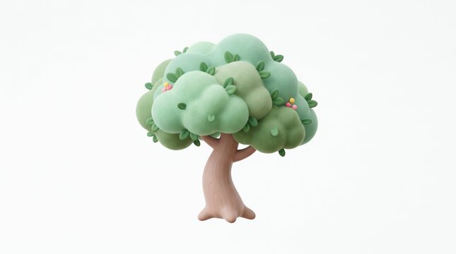 Stylized 3D Fluffy Green Tree with Soft Foliage and Wooden Trunk Isolated on White Background for Gaming Design