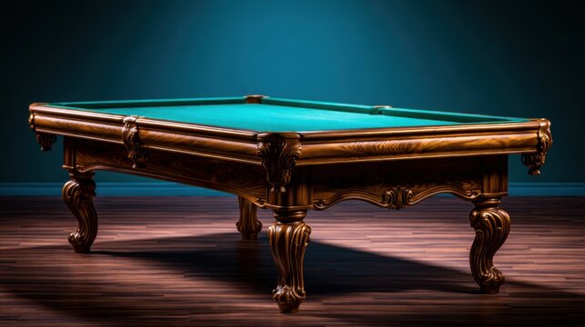 A beautifully crafted pool table with intricate wooden details and a vibrant green felt top