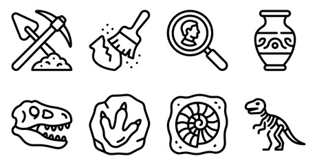 Set of eight archaeology and paleontology icons featuring tools fossils dinosaur bones and ancient pottery Minimal stroke icon set bundle collection. Editable Vector Illustration Mega pack © SIMUL