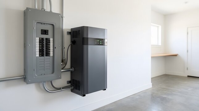 residential battery backup cabinet installed beside electrical panel for home energy storage emergency power resilience and modern electrification systems