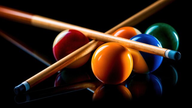 A vibrant composition of billiard balls and cues resting on a reflective black surface