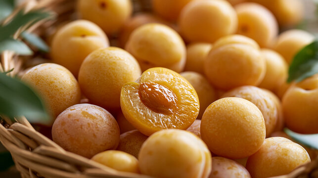 Fresh Yellow Plums in Wicker Basket with Green Leaves and Halved Fruit Close Up