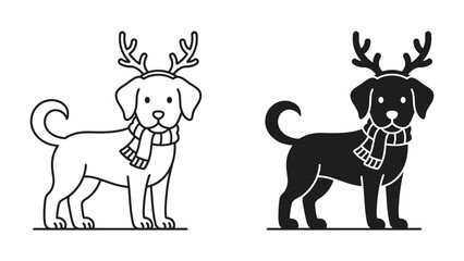 Festive Dog Duo: Two stylized dogs, one outlined and one solid black, adorned with reindeer antlers and cozy scarves, ready for a holiday celebration. © jabed