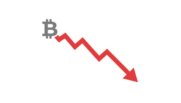 Bitcoin symbol at the top of a red jagged downward trend line representing market decline and decreasing cryptocurrency value over time.