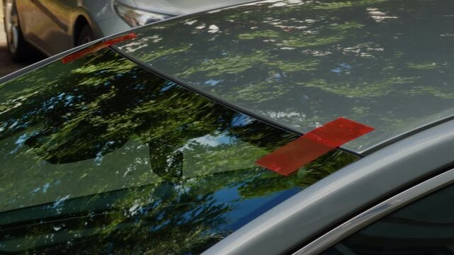 Close-up of car windshield with tree reflections and red tape marks on parked vehicle surface