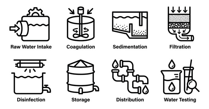 Water treatment process flow icons set showing intake coagulation sedimentation filtration and distribution Minimal stroke icon set bundle collection. Editable Vector Illustration Mega pack