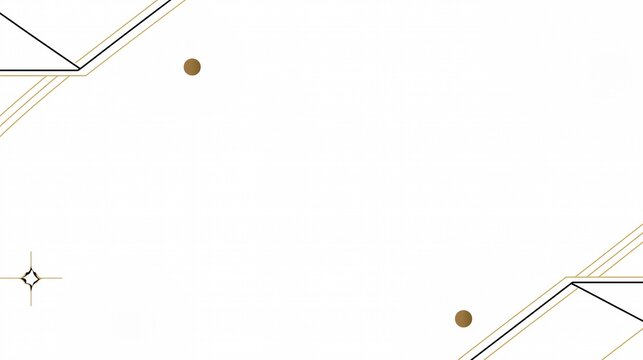 Slim black and gold angular geometric border lines with bronze round dot ornaments, four-pointed sparkle star detail on clean empty white surface, minimalist luxury blank frame template