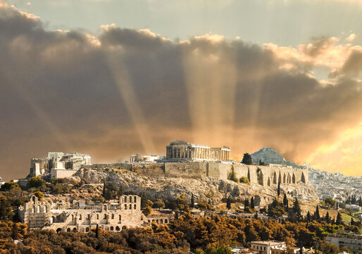 greeece parthenon sunset beams athens