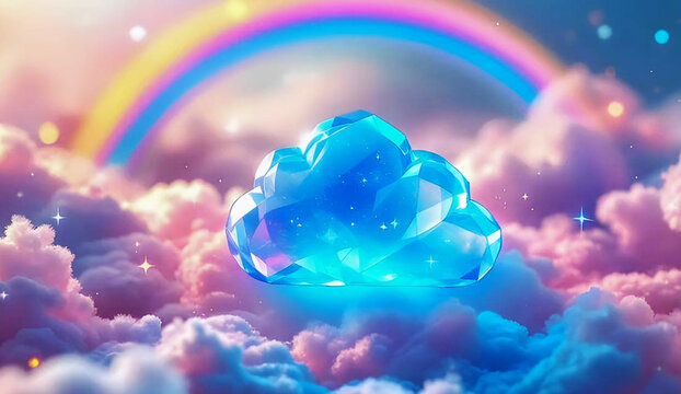 Crystal cloud floating in dreamy patel skies with radiant rainbow whimsical atmosphere. Brilliant crystal cloud glows with a vivid translucent azure light geometric surrounding illumination.