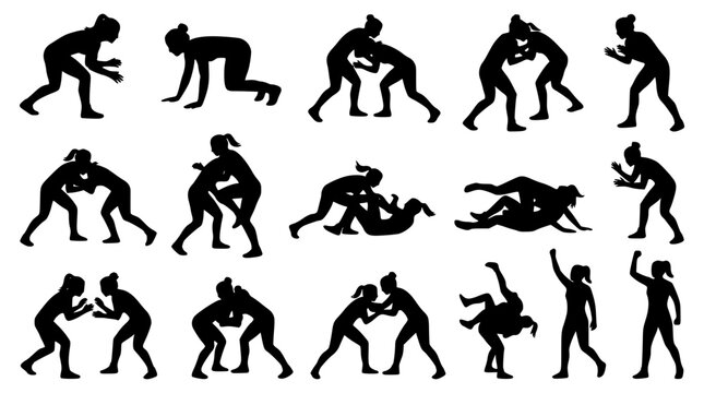  Female wrestlers action silhouettes collection with martial arts fighters combat training takedown slam and winner gestures