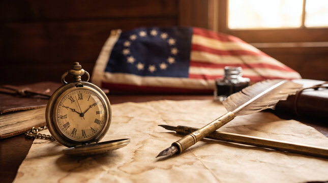 Vintage pocket watch resting on aged parchment paper with a quill pen and historical American flag in the background representing early colonial history