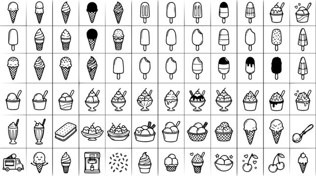 Ice cream line icons mega bundle with popsicles waffle cones sundaes food truck and dessert toppings vector illustration