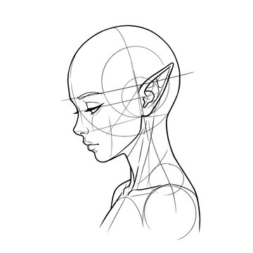 Hand drawn sketch fairy head profile looking down shy isolated on white background.