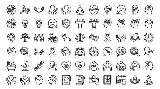Mental health and psychology line icons set for therapy counseling mindfulness emotional balance stress relief vector illustration
