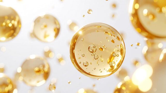 白背景に浮かぶゴールドの美容液バブルがゆっくり上下するシームレスループ動画 / Golden Serum Bubbles Slowly Floating Up and Down on a White Background, Seamless Loop Video