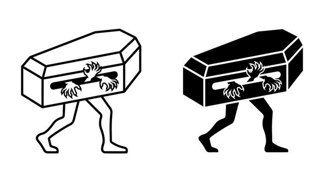 Coffin on Legs with Arms Reaching: A bizarre graphic illustration depicts a coffin with human legs walking and arms reaching out from inside, symbolizing a dark or macabre theme.