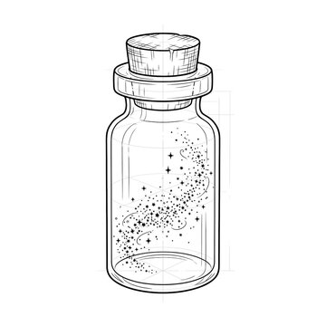 Hand drawn sketch of a fairy dust bottle isolated on white.