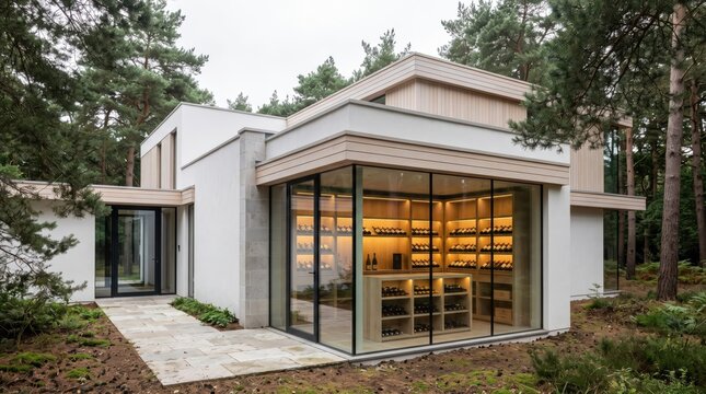 Contemporary woodland house with corner glass wine room