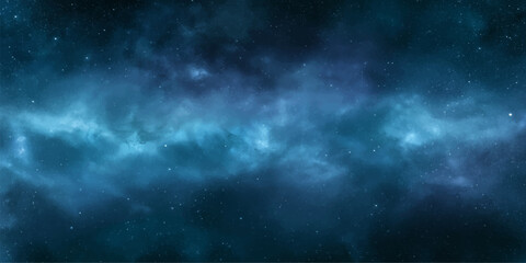 Deep Blue Space Background with Stars and Dramatic Cloudscape, Abstract Night Sky with Storm Clouds, Thunderstorm Atmosphere and Soft Light Effects © Bepari