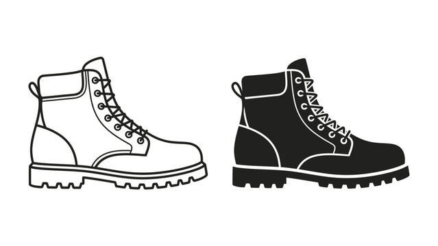 Work Boots: Two work boots are depicted, one in black silhouette and the other as a line drawing, showcasing their sturdy design and rugged appeal.
