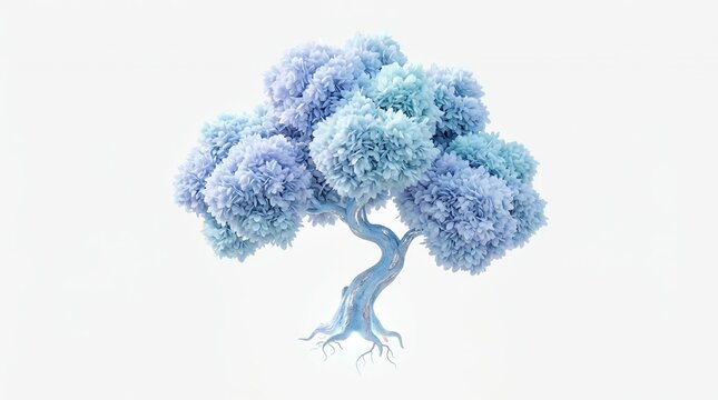 Abstract 3D Rendered Bonsai Tree with Pastel Blue and Purple Foliage Isolated on White Background Concept Art