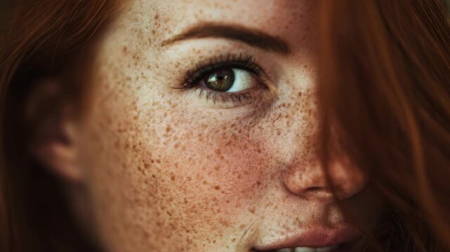 A high-resolution focusing on the features of a person with beautiful red hair and prominent freckles. A detailed look at the texture of the skin and the intensity of the eye color.