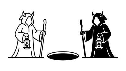 Mysterious Figure by the Abyss: A cloaked figure with horns, holding a staff and a lantern, stands beside a dark abyss. This illustration captures an aura of mystery and the unknown. © jabed