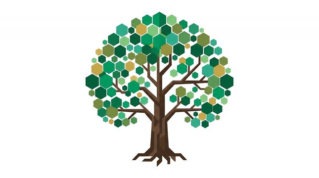 Abstract Geometric Tree Illustration Featuring Green Hexagon Leaves and Brown Trunk on White Background for Design