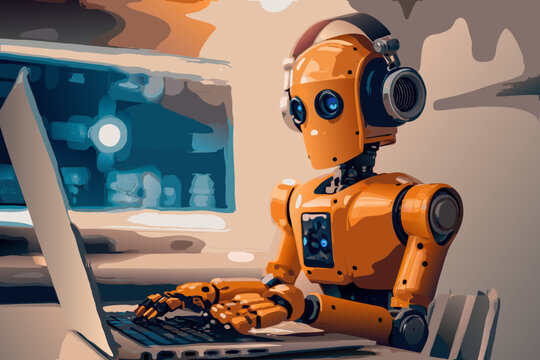 orange robot typing on computer vector illustration