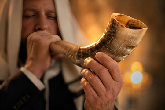 Man Blowing Shofar in Synagogue