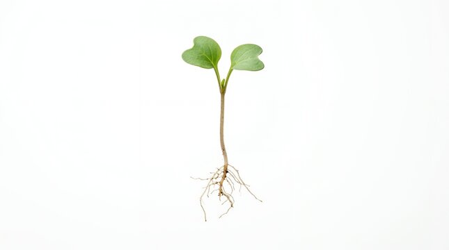 Young organic seedling with green heart shaped leaves and visible roots isolated on white background for growth concept