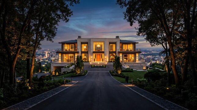 Illuminated luxury mansion above city with tree lined driveway at night