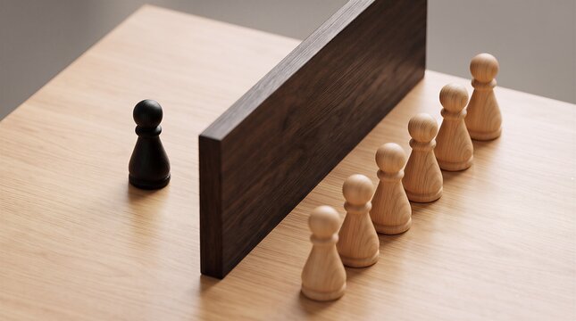 Single black pawn piece separated from wooden pieces by a barrier with division separation strategy competition leadership conflict isolation business management