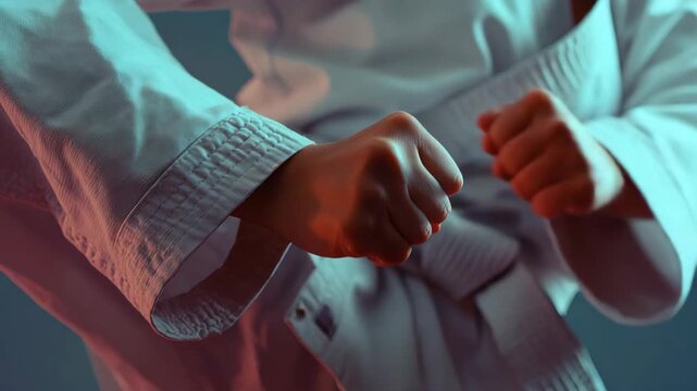 Close-up of martial artist's clenched fist. White gi and belt under cool lighting. Focused stance suggests readiness. Dramatic shadows enhance intensity. Ideal for sports, discipline, or action themes