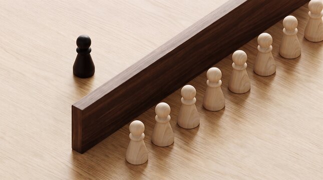 Conceptual representation of business competition with a lone pawn piece separated by a wall division strategy competition leadership business corporate separation