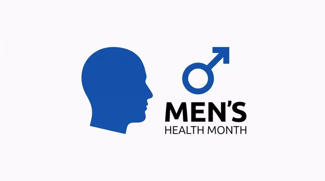 Men's health month banner with blue male head profile and gender symbol representing annual public health awareness initiative for men awareness medicine wellness