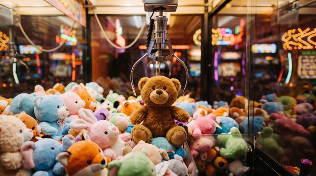 Close up view of a claw machine grabber hovering over plush teddy bear prizes with amusement entertainment carnival childhood mechanical recreation playtime