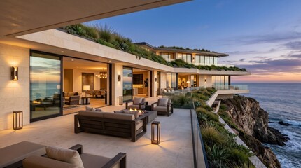 Obraz premium Modern cliffside residence with ocean terrace at twilight