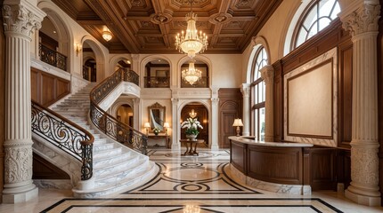 Obraz premium An opulent classical mansion lobby with a grand marble staircase, intricate wood-carved ceiling, majestic chandeliers, and a detailed reception desk